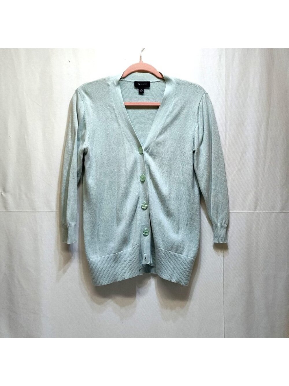 AB Studio Mint V-Neck Cardigan Medium 100% Cotton Lightweight Knit Style 0420M7M